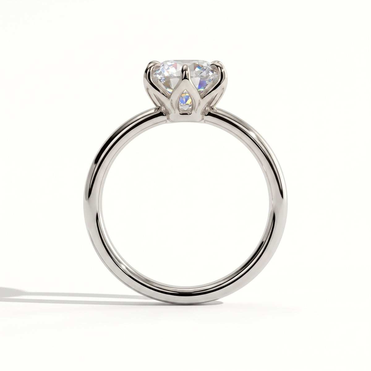 Round lab-grown diamond solitaire engagement ring in 14K (585) white gold, side profile 