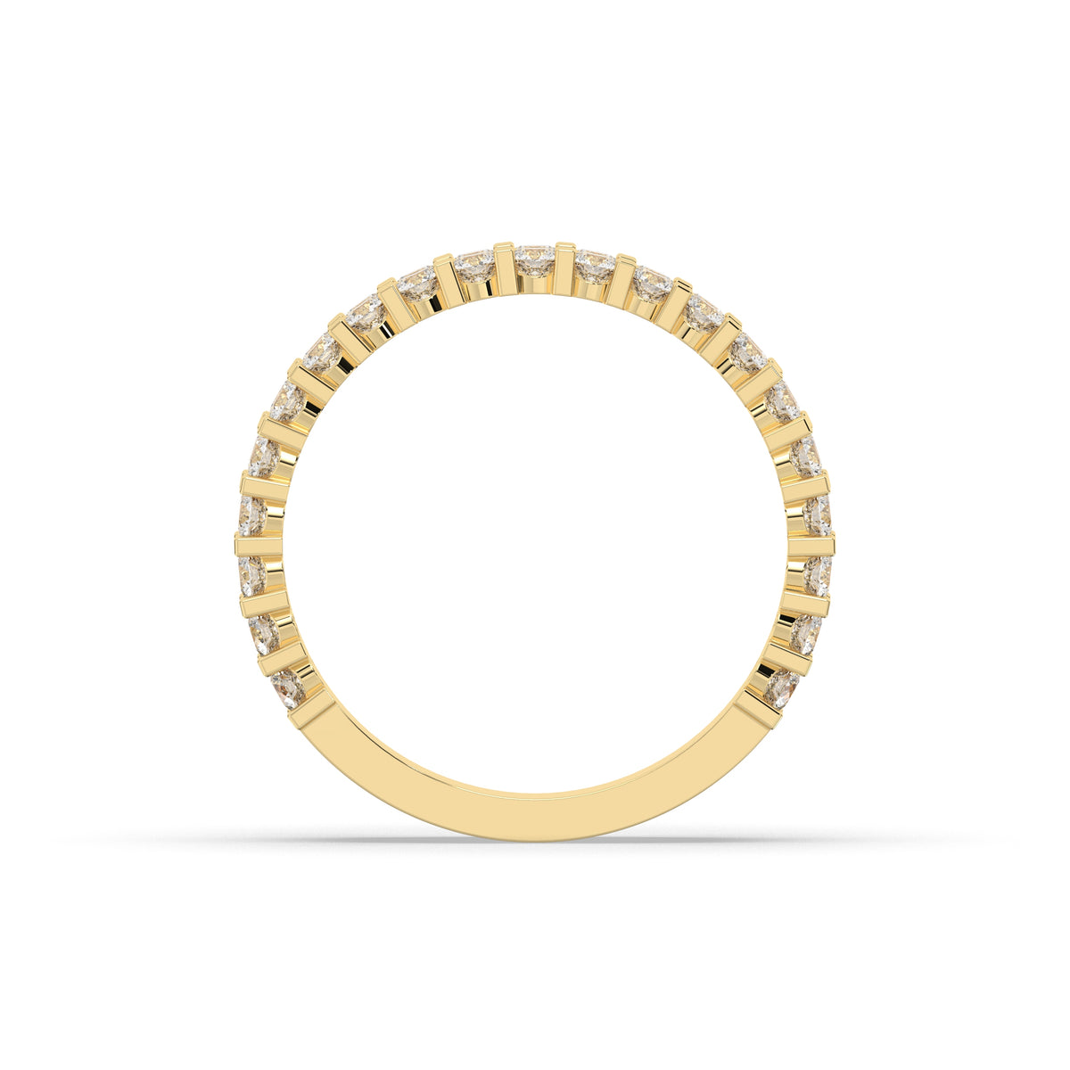 Levana triple-row round lab-grown diamond memoire wedding band in 585 yellow gold, top view 