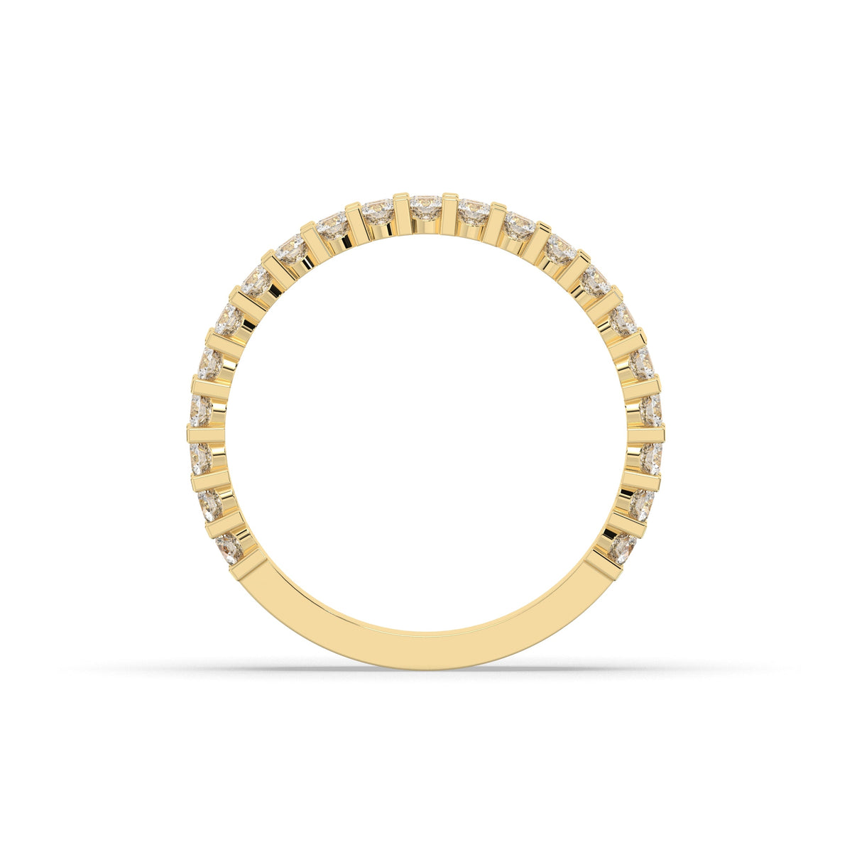 Levana triple-row round lab-grown diamond memoire wedding band in 750 yellow gold, top view 