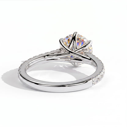 Round lab-grown diamond halo engagement ring in 14K (585) white gold, on white background 