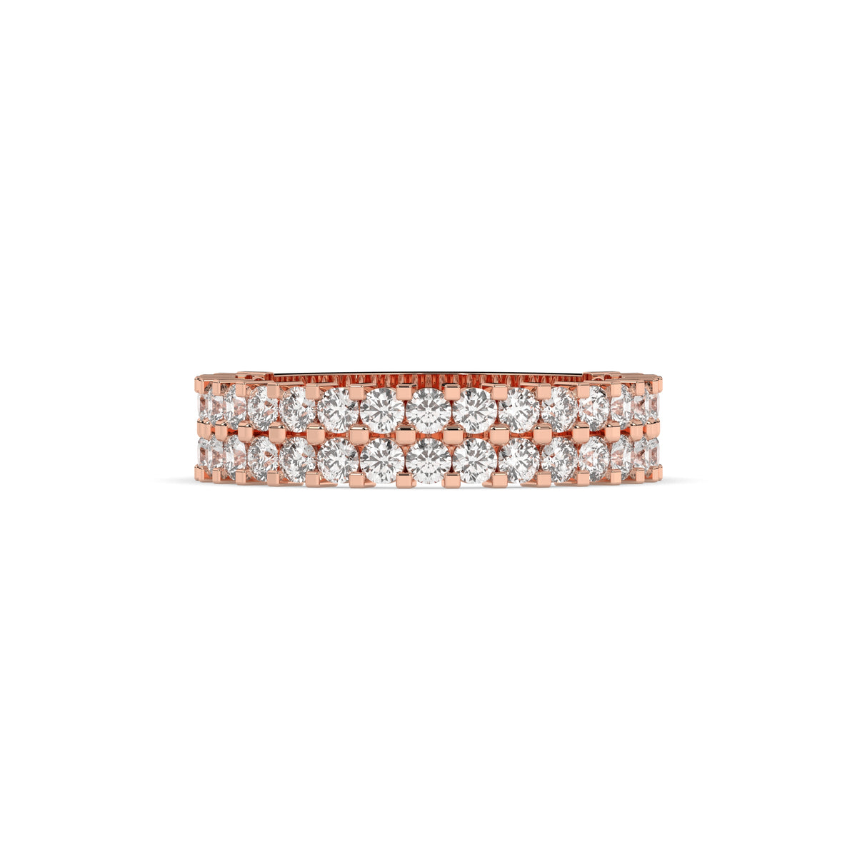 Levana triple-row round lab-grown diamond memoire wedding band in 585 rose gold, front view 