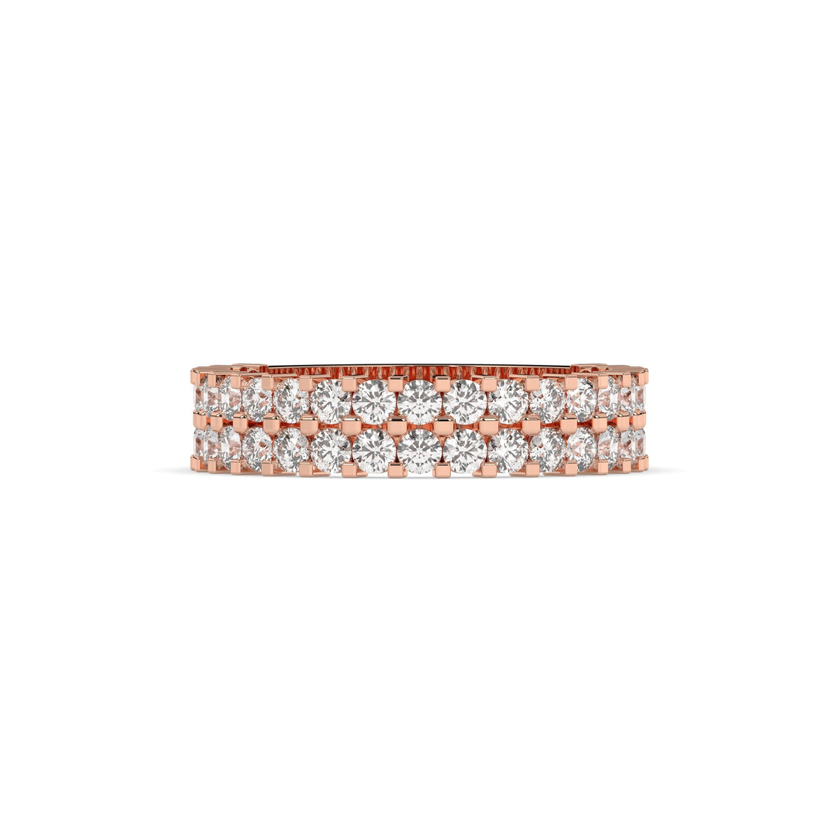 Levana triple-row round lab-grown diamond memoire wedding band in 750 rose gold, front view 