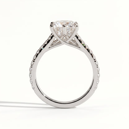 Round lab-grown diamond halo engagement ring in 950 platinum, side profile 