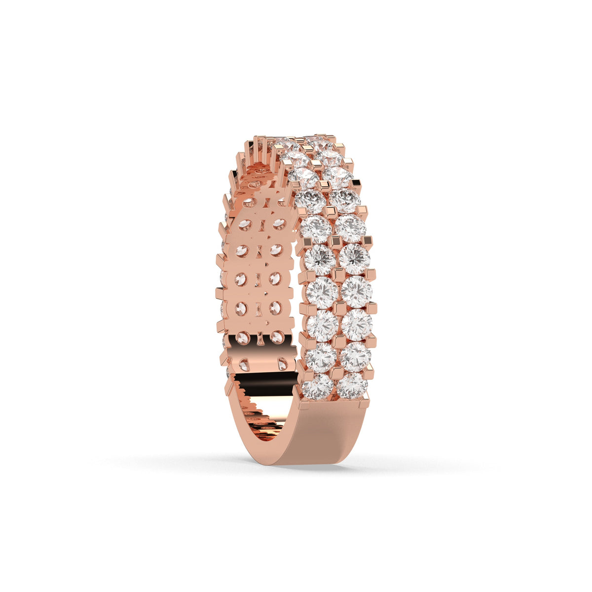 Levana triple-row round lab-grown diamond memoire wedding band in 750 rose gold, side view 