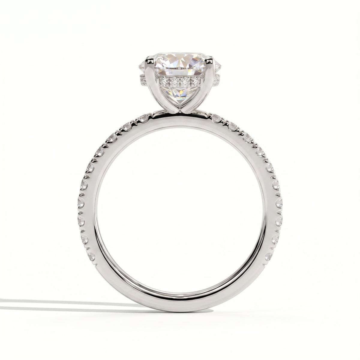 Round lab-grown diamond halo engagement ring in 14K (585) white gold, side profile 