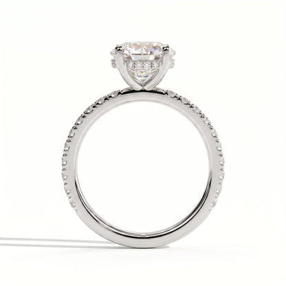Round lab-grown diamond halo engagement ring in 18K (750) white gold, side profile 