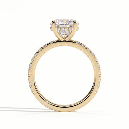 Round lab-grown diamond halo engagement ring in 18K (750) yellow gold, side profile 
