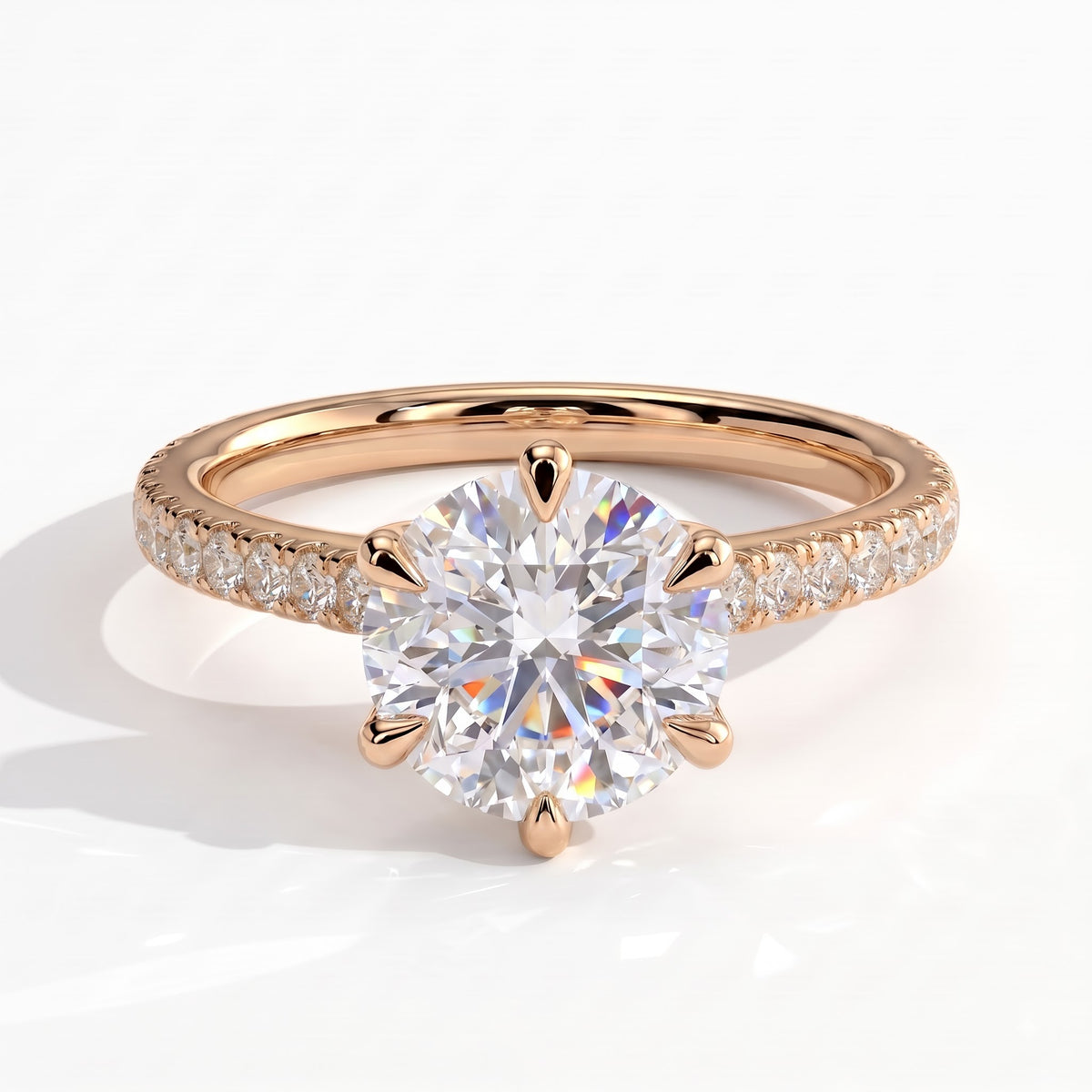 Round lab-grown diamond halo engagement ring in 18K (750) rose gold, front view 