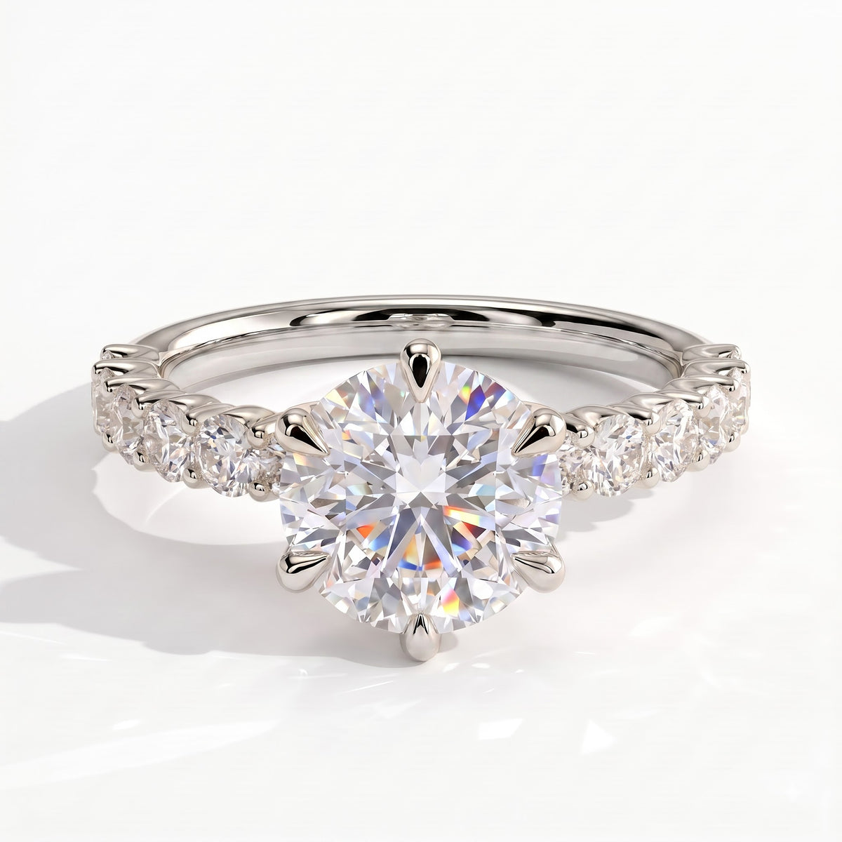 Round lab-grown diamond halo engagement ring in 14K (585) white gold, front view 