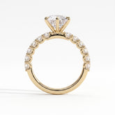 Round lab-grown diamond halo engagement ring in 18K (750) yellow gold, side profile 