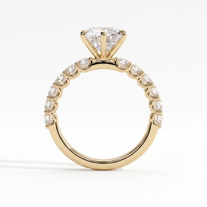 Round lab-grown diamond halo engagement ring in 18K (750) yellow gold, side profile 