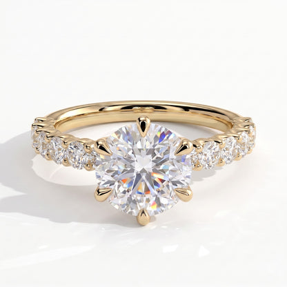 Round lab-grown diamond halo engagement ring in 18K (750) yellow gold, front view 
