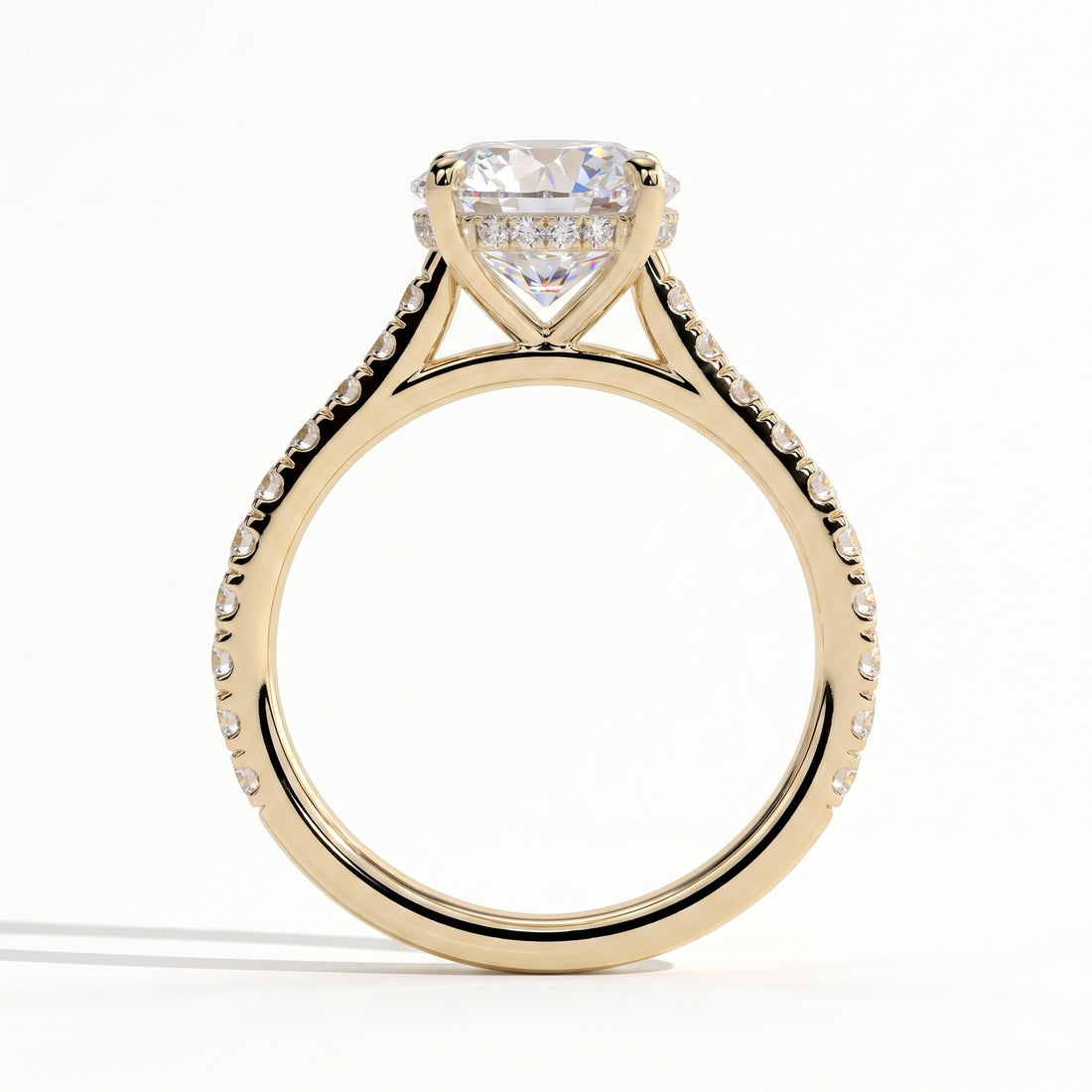 Round lab-grown diamond halo engagement ring in 14K (585) yellow gold, side profile 