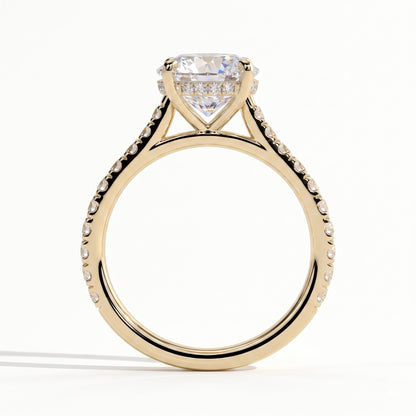 Round lab-grown diamond halo engagement ring in 14K (585) yellow gold, side profile 