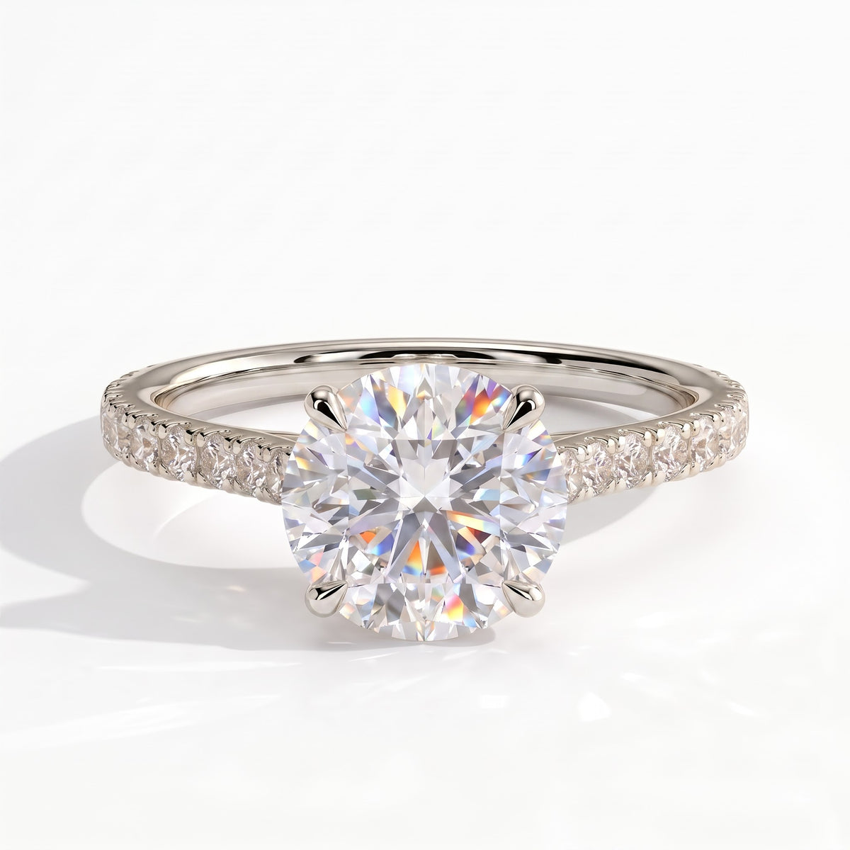 Round lab-grown diamond halo engagement ring in 14K (585) white gold, front view 