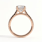 Round lab-grown diamond halo engagement ring in 18K (750) rose gold, side profile 