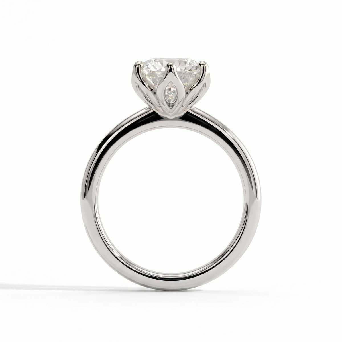 Round lab-grown diamond solitaire engagement ring in 18K (750) white gold, side profile 