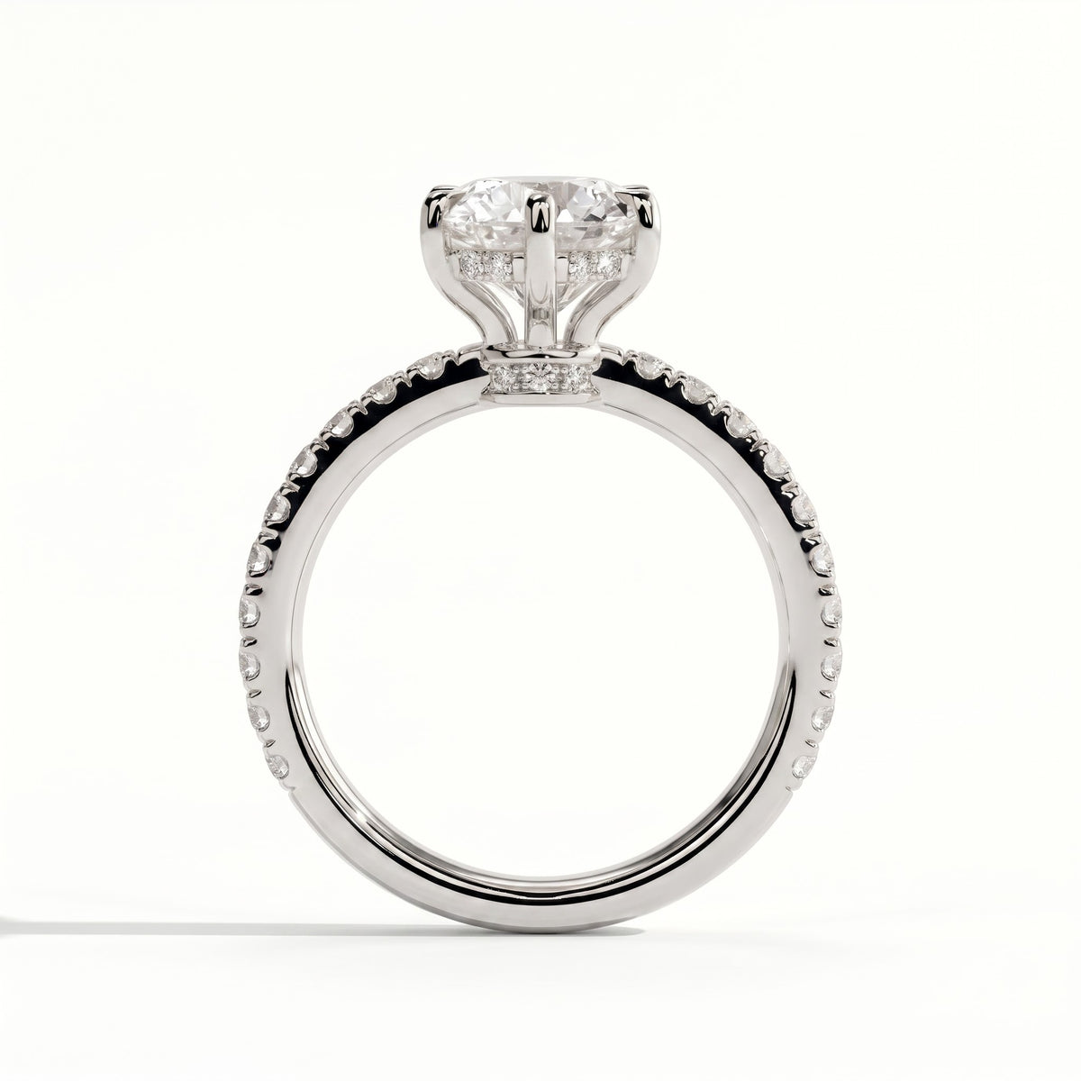 Round lab-grown diamond halo engagement ring in 14K (585) white gold, side profile 