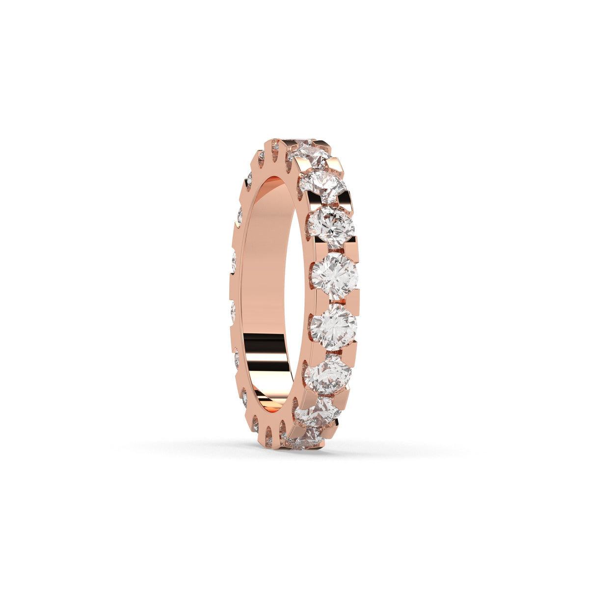 Melina round lab-grown diamond eternity wedding band in 750 rose gold, side view 