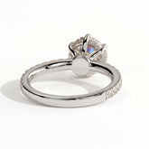 Round lab-grown diamond halo engagement ring in 14K (585) white gold, on white background 