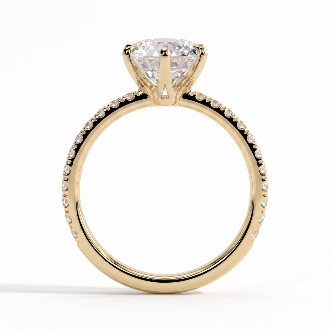 Round lab-grown diamond halo engagement ring in 14K (585) yellow gold, side profile 