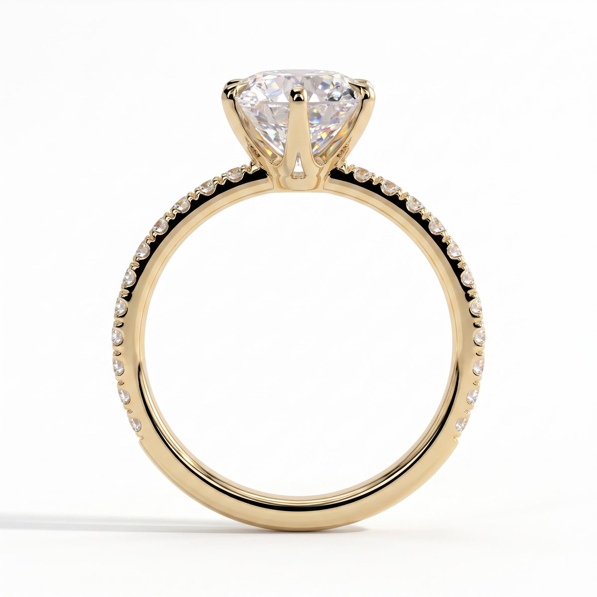 Round lab-grown diamond halo engagement ring in 14K (585) yellow gold, side profile 