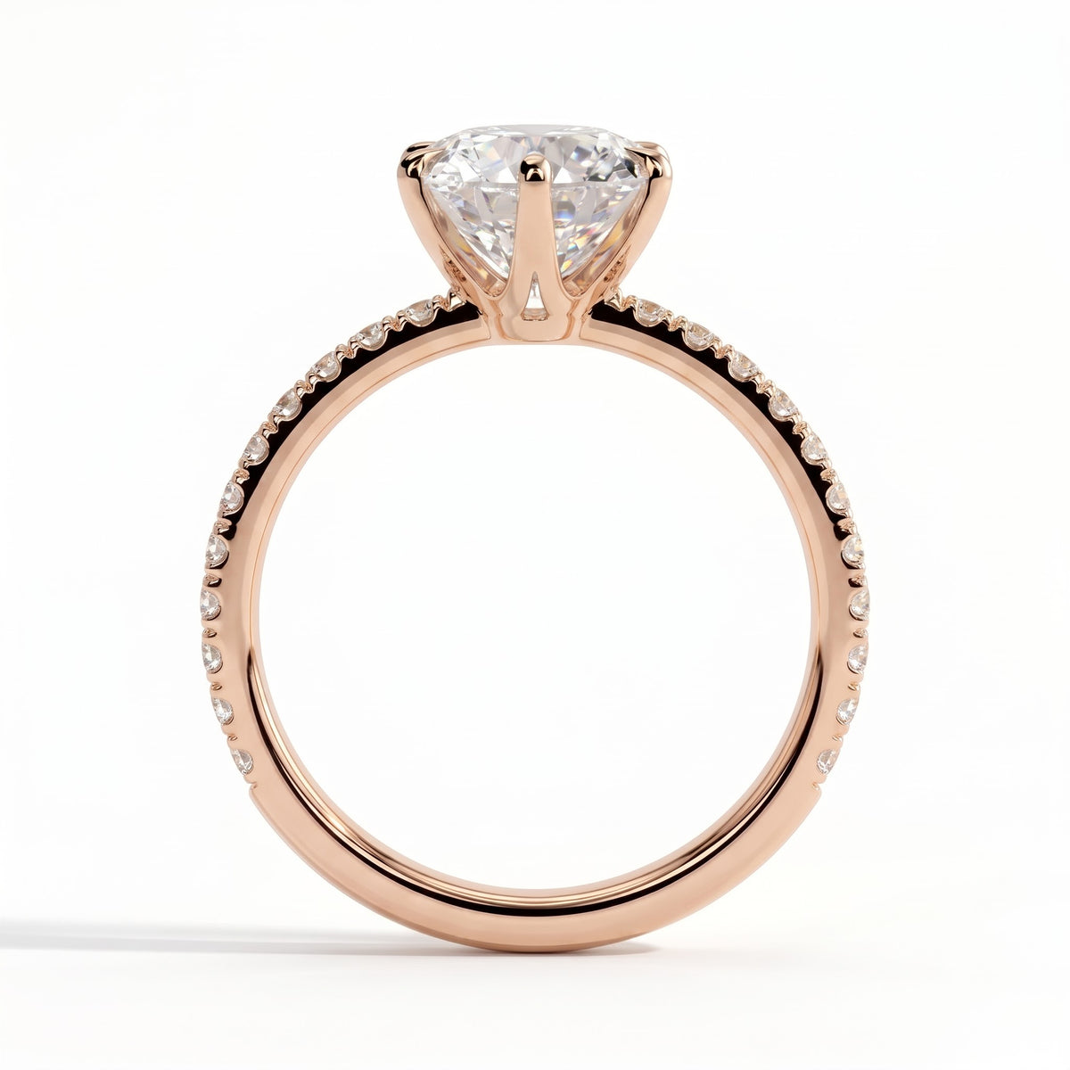 Round lab-grown diamond halo engagement ring in 18K (750) rose gold, side profile 