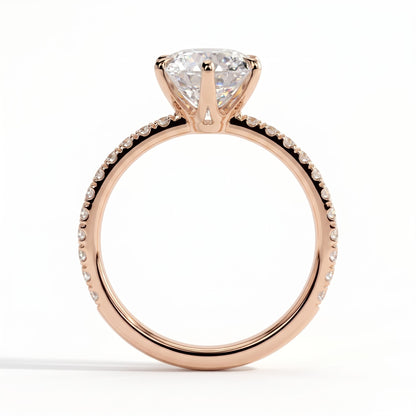 Round lab-grown diamond halo engagement ring in 18K (750) rose gold, side profile 