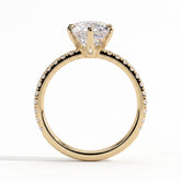 Round lab-grown diamond halo engagement ring in 18K (750) yellow gold, side profile 