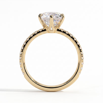 Round lab-grown diamond halo engagement ring in 18K (750) yellow gold, side profile 