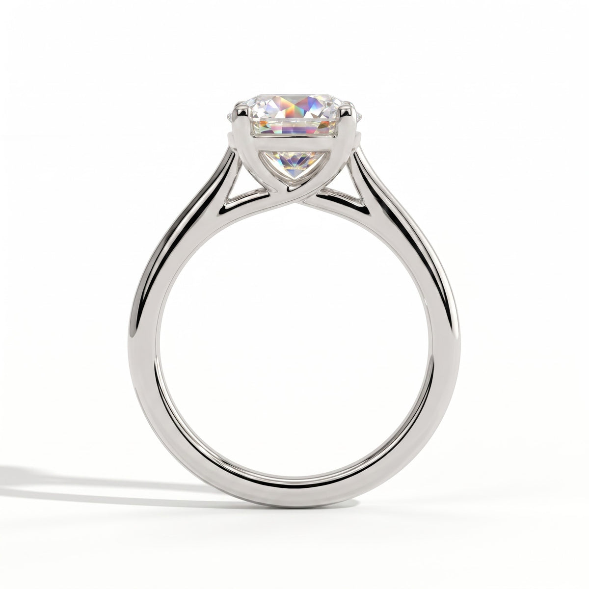 Round lab-grown diamond solitaire engagement ring in 18K (750) white gold, side profile 
