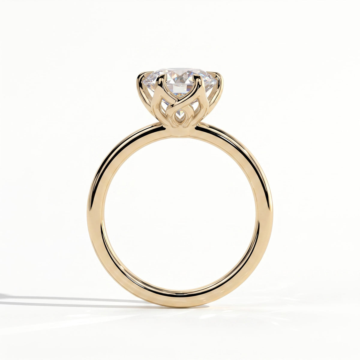 Round lab-grown diamond halo engagement ring in 18K (750) yellow gold, side profile 