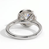 Round lab-grown diamond halo engagement ring in 14K (585) white gold, on white background 