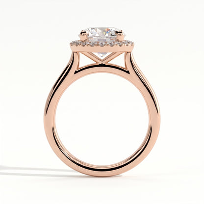 Round lab-grown diamond halo engagement ring in 14K (585) rose gold, side profile 