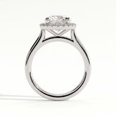 Round lab-grown diamond halo engagement ring in 18K (750) white gold, side profile 