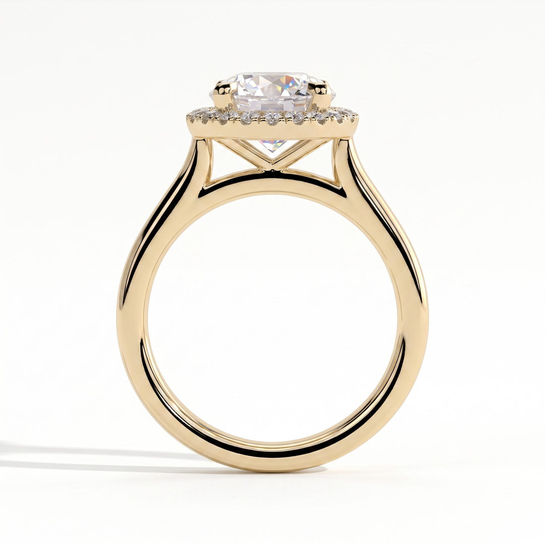 Round lab-grown diamond halo engagement ring in 14K (585) yellow gold, side profile 