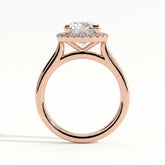 Round lab-grown diamond halo engagement ring in 18K (750) rose gold, side profile 