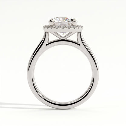 Round lab-grown diamond halo engagement ring in 950 platinum, side profile 
