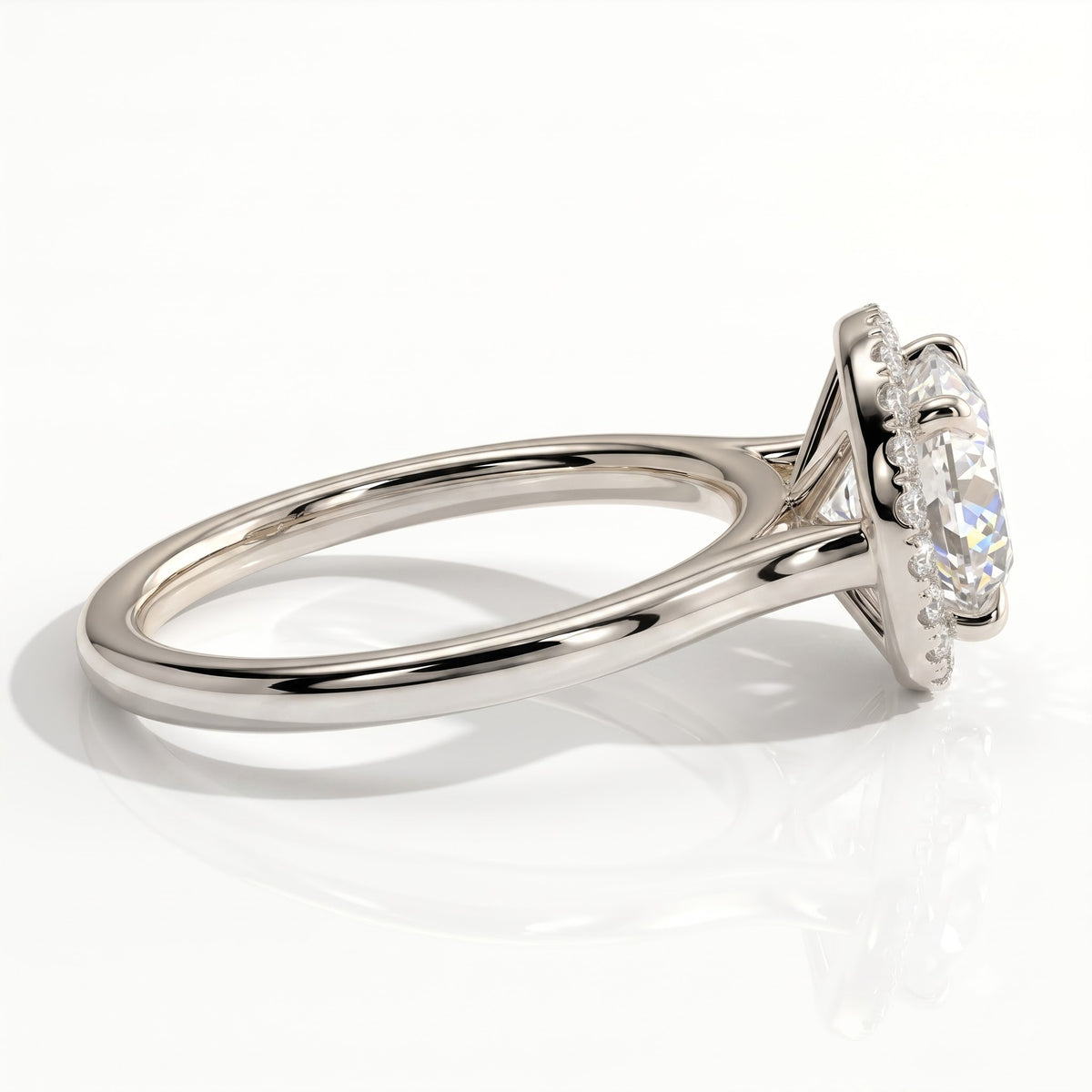 Round lab-grown diamond halo engagement ring in 950 platinum, detail view 
