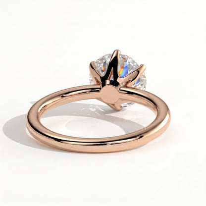 Round lab-grown diamond solitaire engagement ring in 18K (750) rose gold, on white background 