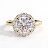 Round lab-grown diamond halo engagement ring in 14K (585) yellow gold, front view 