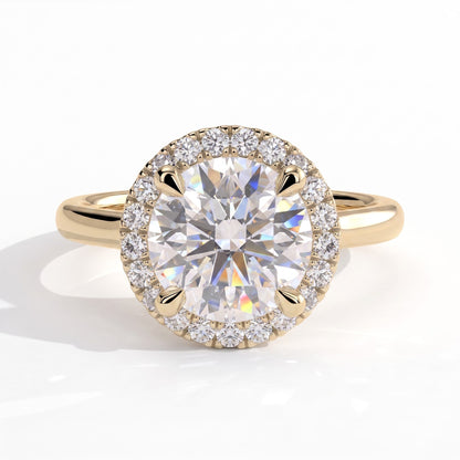 Round lab-grown diamond halo engagement ring in 18K (750) yellow gold, front view 