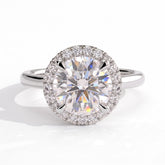 Round lab-grown diamond halo engagement ring in 18K (750) white gold, front view 