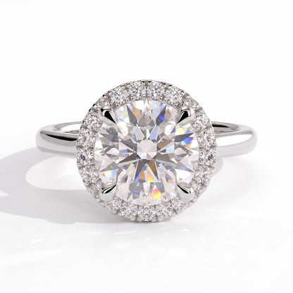 Round lab-grown diamond halo engagement ring in 18K (750) white gold, front view 
