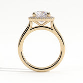 Round lab-grown diamond halo engagement ring in 18K (750) yellow gold, side profile 