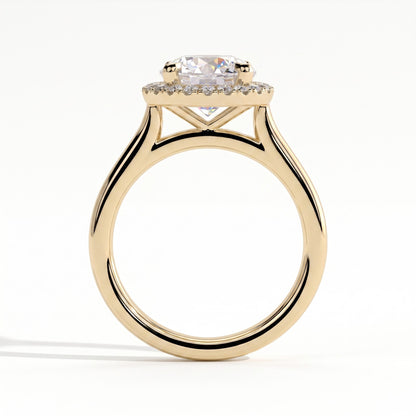 Round lab-grown diamond halo engagement ring in 18K (750) yellow gold, side profile 