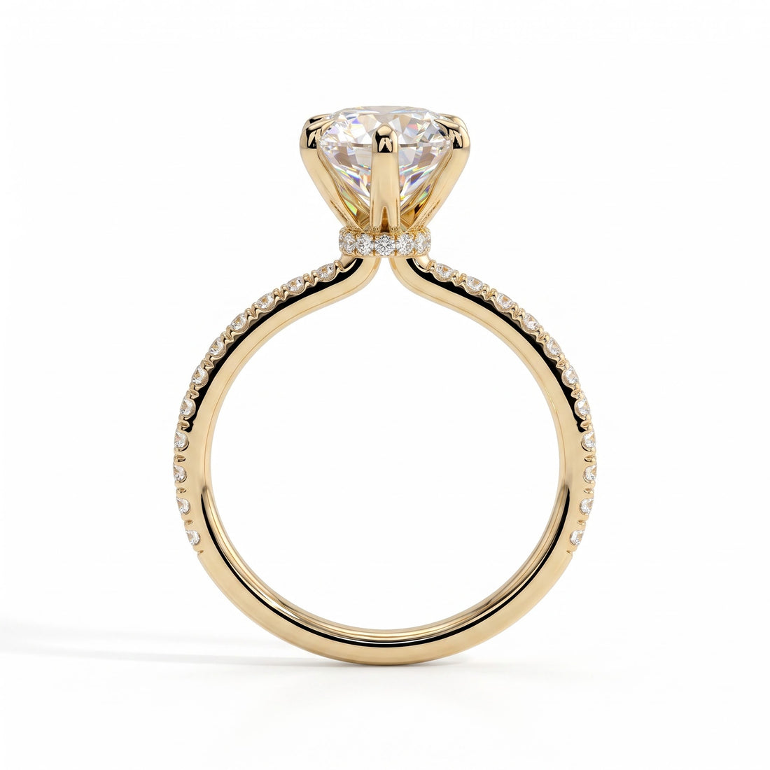 Round lab-grown diamond halo engagement ring in 14K (585) yellow gold, side profile 