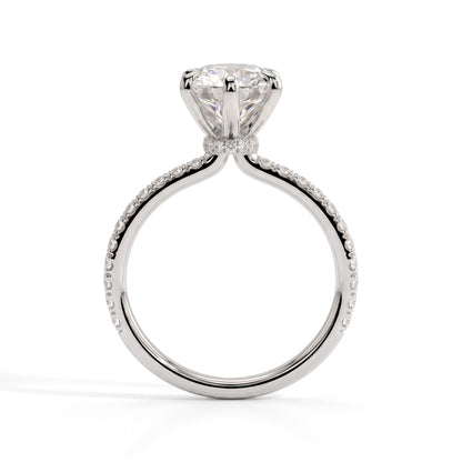 Round lab-grown diamond halo engagement ring in 18K (750) white gold, side profile 