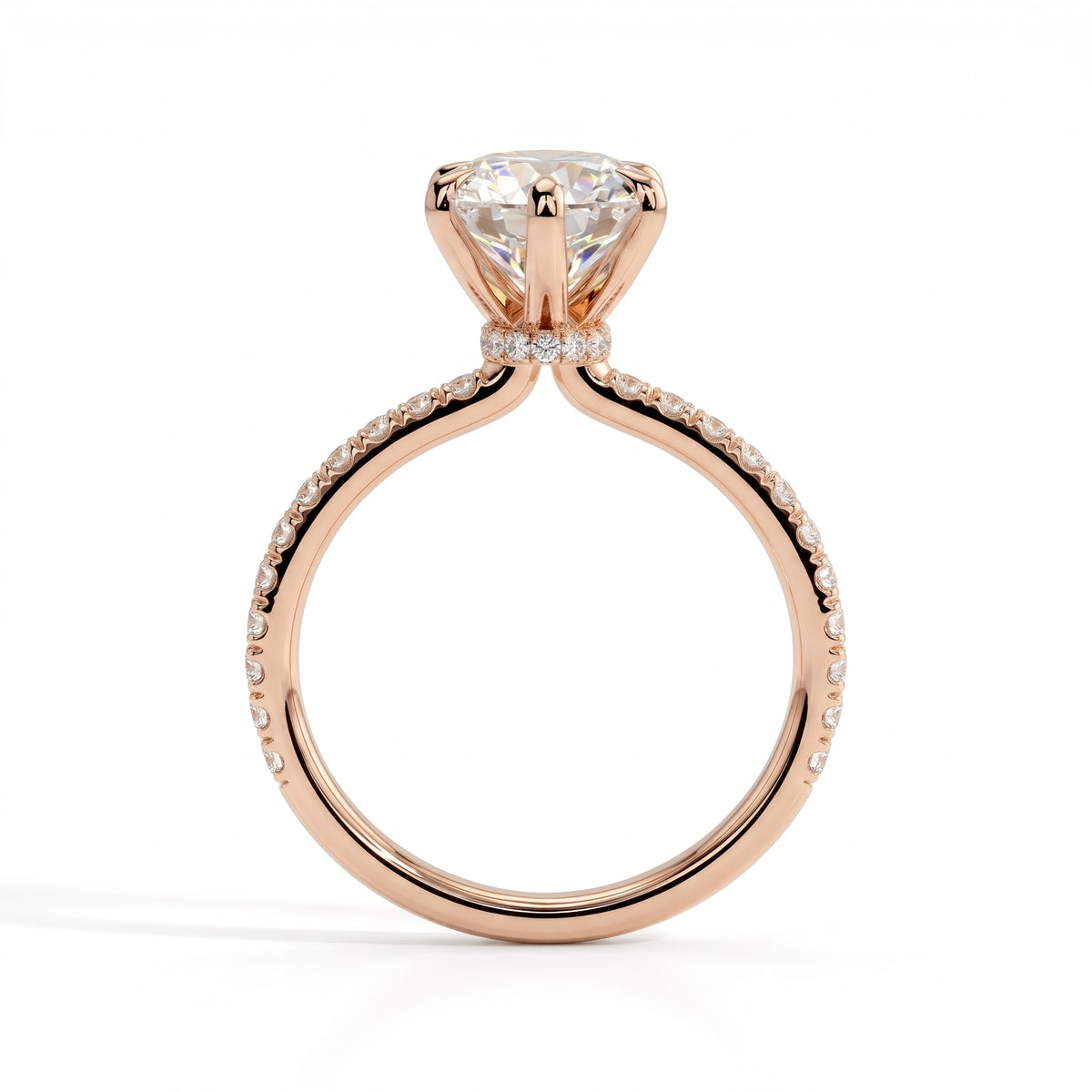 Round lab-grown diamond halo engagement ring in 18K (750) rose gold, side profile 