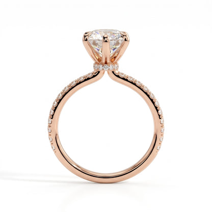 Round lab-grown diamond halo engagement ring in 18K (750) rose gold, side profile 